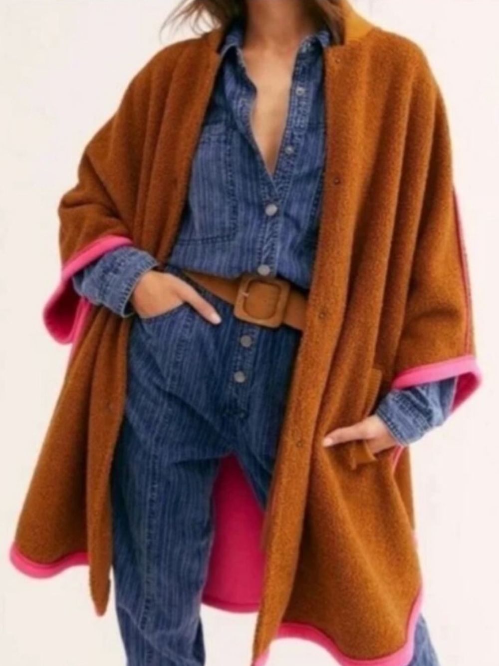 Free People Brown Cape Sweater with Pink Trim
